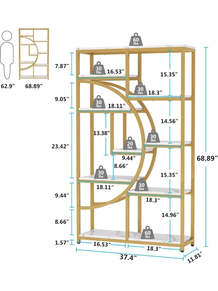 5 Tier Etagere Bookcase, Freestanding Tall Bookshelves Display Shelf Storage Organizer with 9-Open Storage Shelf for Living Room