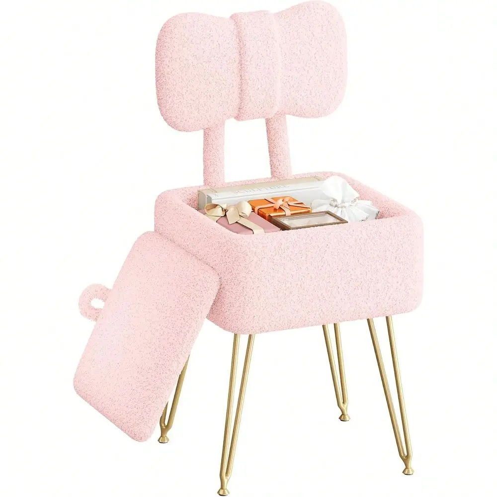 

Vanity Chair With Storage And Folding Back, 14.2 D X 12.6 W X 28.3 H Soft Storage Ottoman, Footrest Stool, Teddy Fleece Vanity