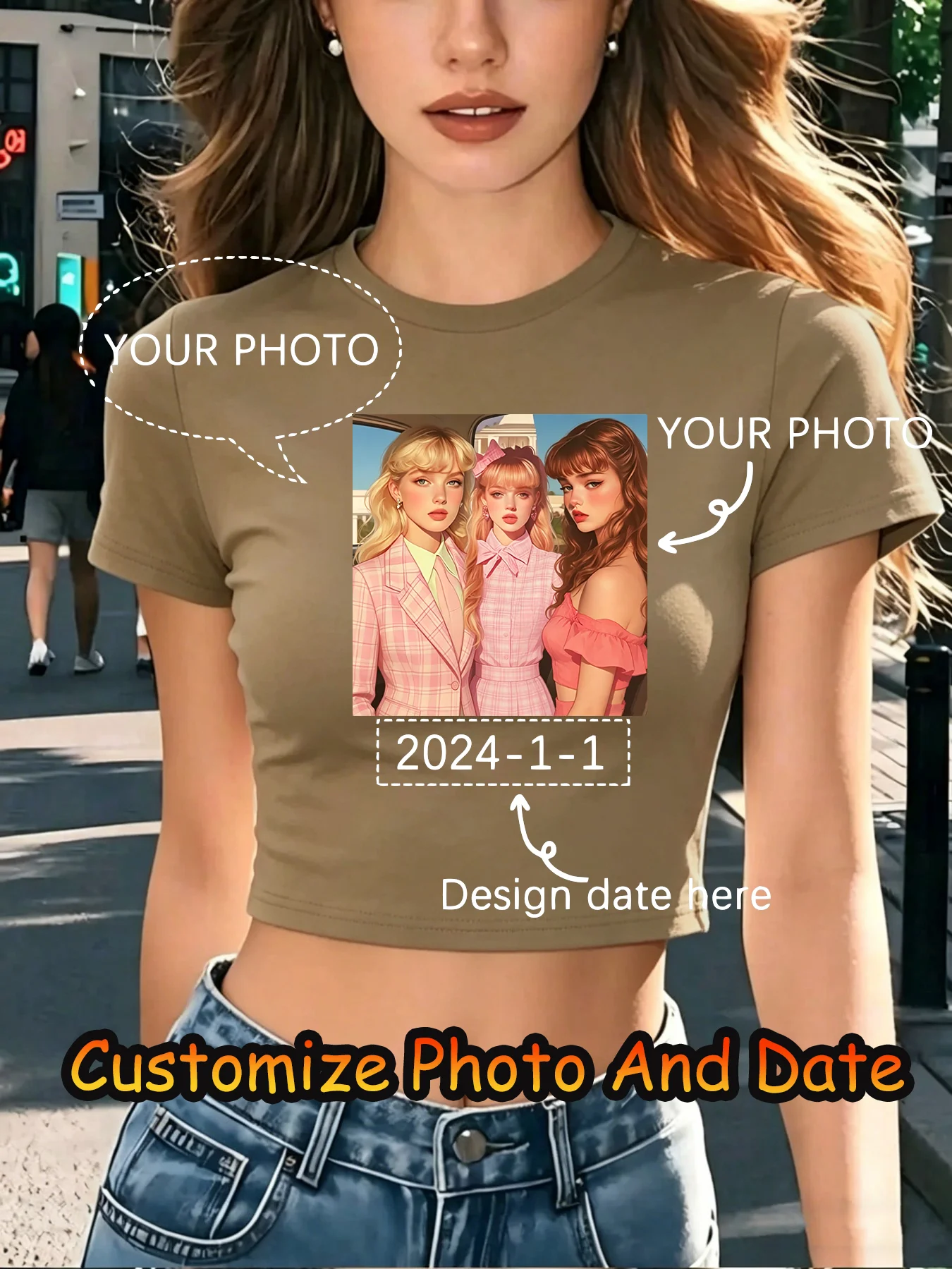 Custom Photo Date Logo Personalized Crop Women's Crop T Shirts Tight Summer Tops Cotton Y2K Clothes Crewneck Soft Short Sleeve