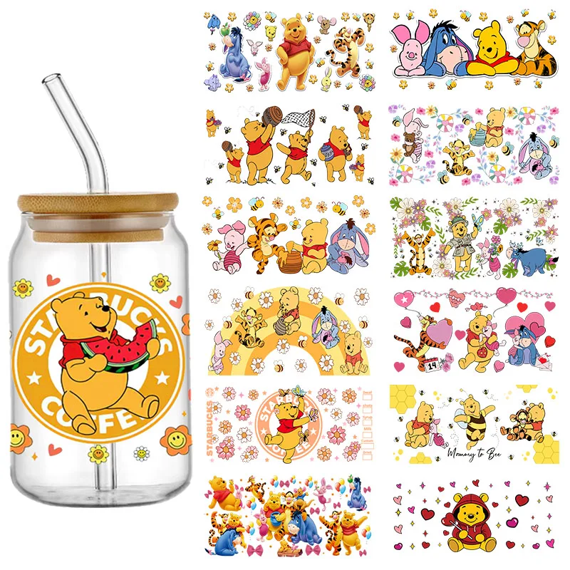 Autocollants de transfert 3D Disney Winnie l\'ourson UV DTF tasse ronde, 16oz Libbey verre bière auto-adhésif étanche adhésif en continu