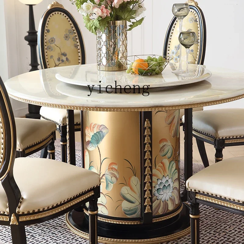 

TQH Palace Style New Chinese Solid Wood Painted Luxury Villa with Turntable Marble Round Dining Table and Chairs