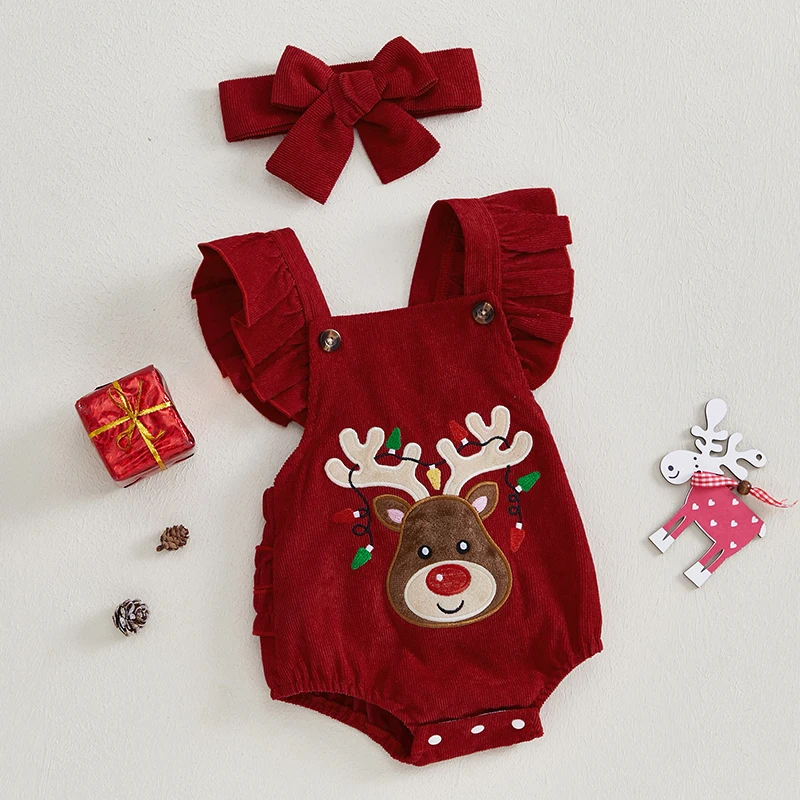 Baby Girls Christmas Jumpsuit Flying Sleeve Elk Embroidery Rompers with Headband