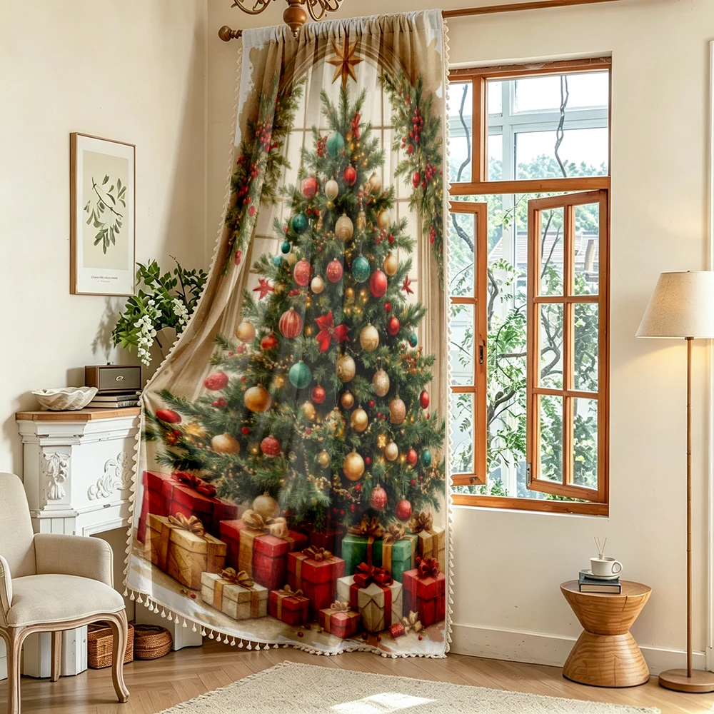 1PC Christmas Tassel Sheer Curtains, Tree Gift Box, Digital Print, Linen Polyester, Bedroom Living Room, Rod Pocket, Home Decor