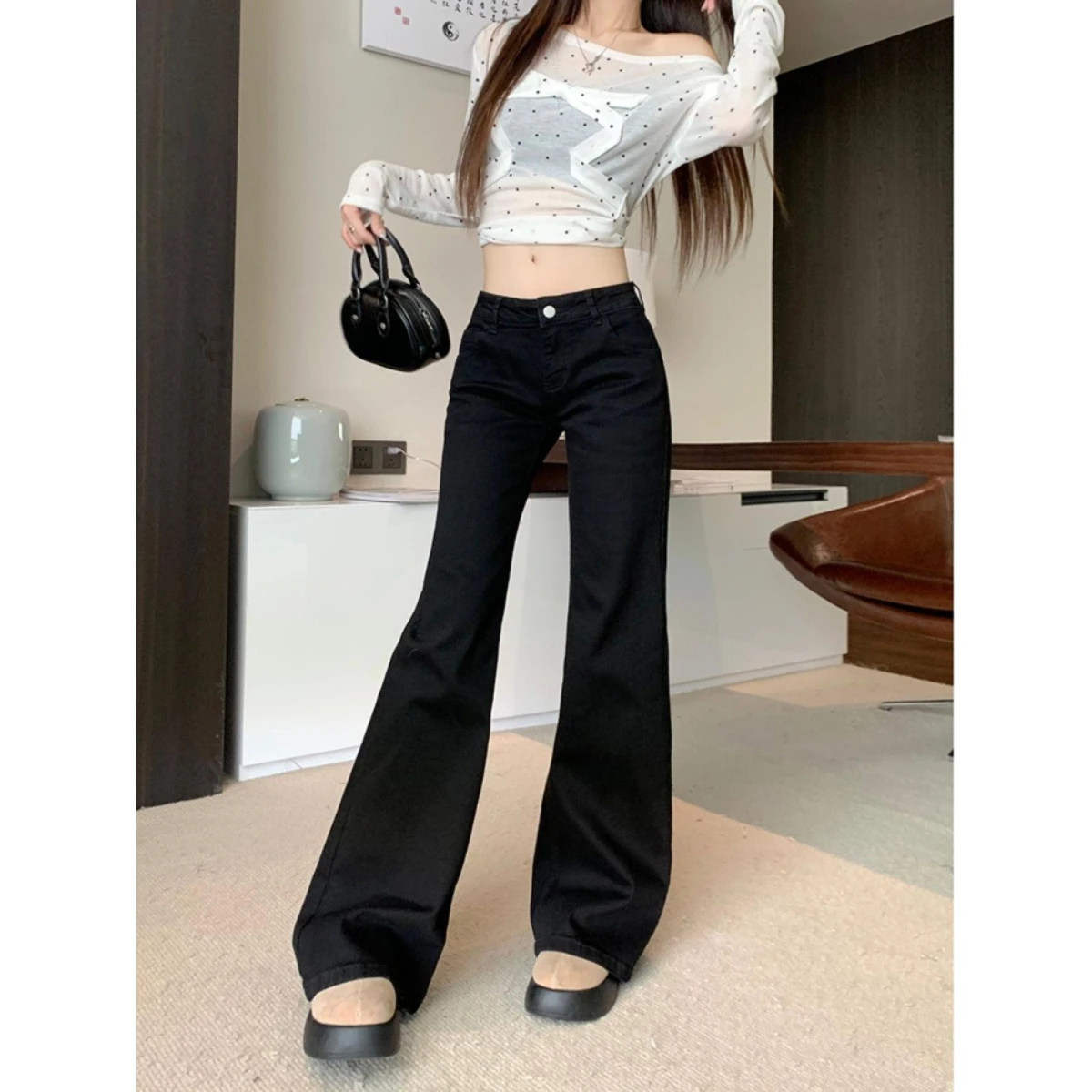 

American Retro Low Waist Bell Bottom Denim Jeans Women Summer New Spicy Girl High Street Slimming Wide Leg Pants