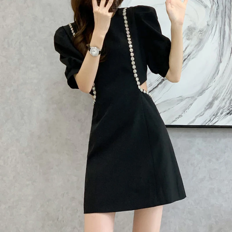 

Summer New French Designer Brand Diamond Bubble Sleeves Slim Waist Dress Girl bodycon black dress