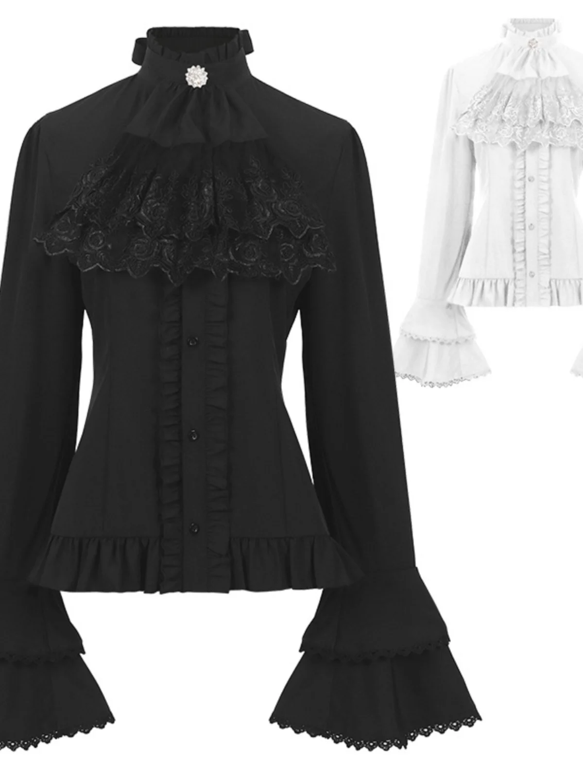 

American Retro Medieval Ruffle Edge Lace Shirt Women's Dark Goth Style Horn Sleeve Fungus Edge Stand-up Collar Shirt Shirts