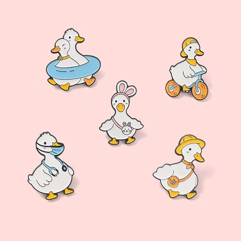 Lovely Animal Enamel Pins Custom Goose Duck Shopping Swim Cycling Brooches Bag Lapel Badges Cartoon Funny Jewelry Gift Wholesale