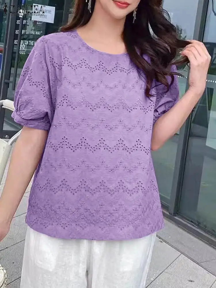 2024 ZANZEA Fashion Lace Crochet Embroidery Blouse Women Casual Work Tops Solid Holiday Blusas Summer Elegant Short Sleeve Shirt