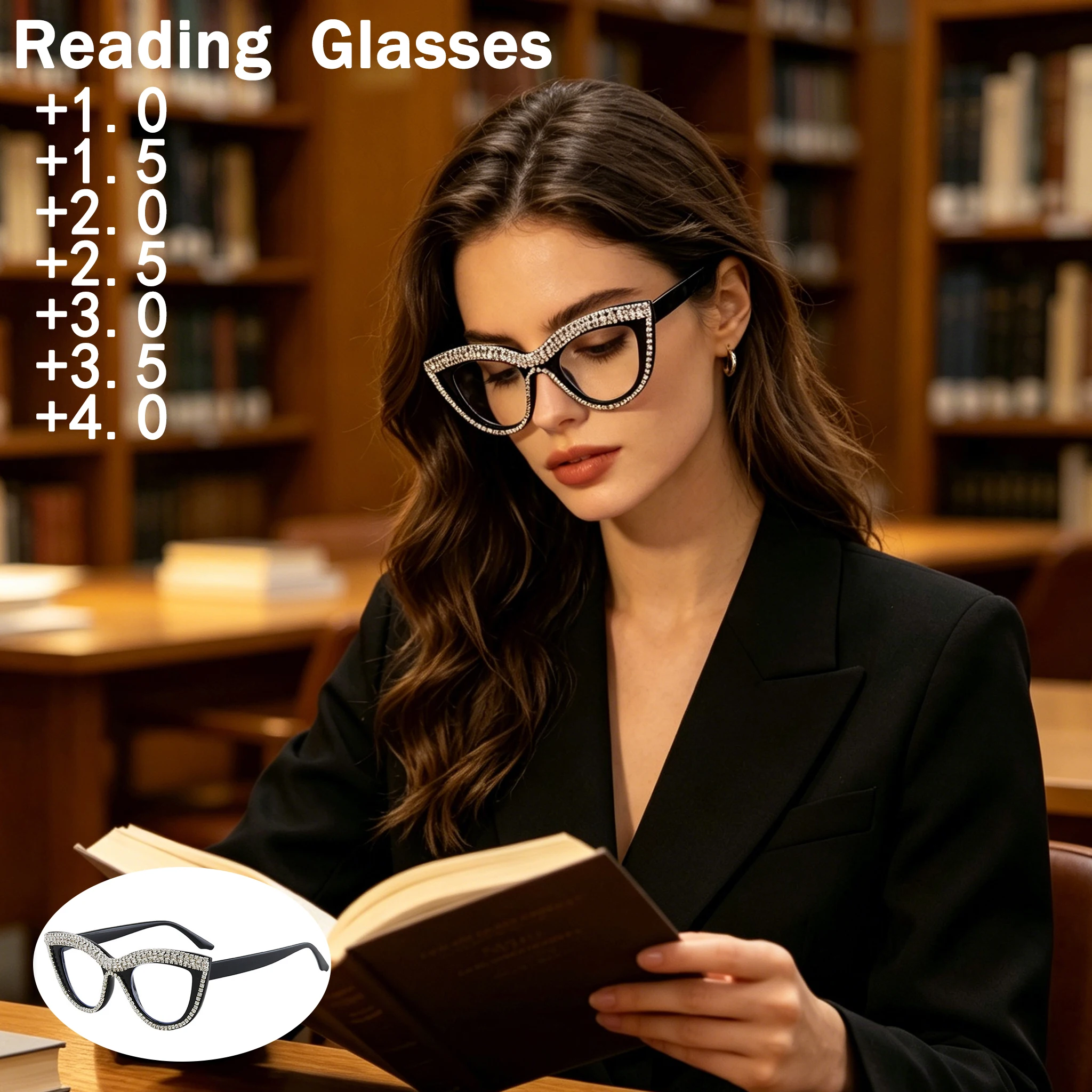 Óculos de Leitura Anti-Luz Azul com Design de Olho de Gato e Diamantes, Novo Estilo Retro Fashionable e Moderno 8518-1