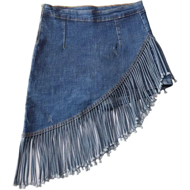 

Cowboy Skirt Demin New Tassel Irregular Knee Length Women Pants Skirt Hip Spring Summer Fake Two Pieces Lined Short Skirt Jeans