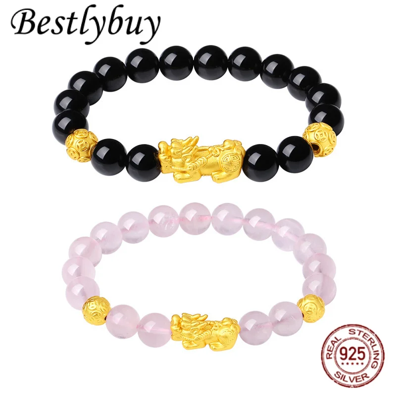 

Новый браслет из чистого серебра S999, ретро фэн-шуй Pixiu, браслет для пары, ретро ювелирные изделия из натурального обсидиана, модный подарок на день Святого Валентина