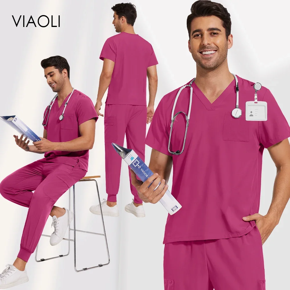 Scrubs Set Men Medical Uniforms Stretch Scrub Tops With Pocket Pants Nurse Uniform Doctor Surgery Overalls Beauty Salon Workwear