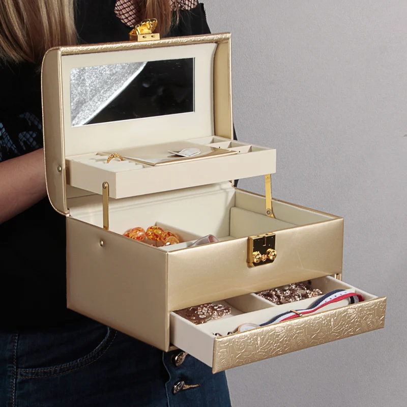 3-Layer Jewelry Storage Box with Lock for Women Watch Organizer Case with Mirror And Key