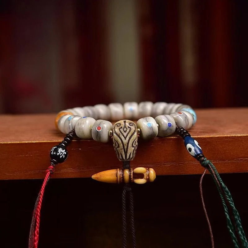 returned barrel bead bracelet with silver multi-gem inlay camel bone three-way connector Tibetan-style yak