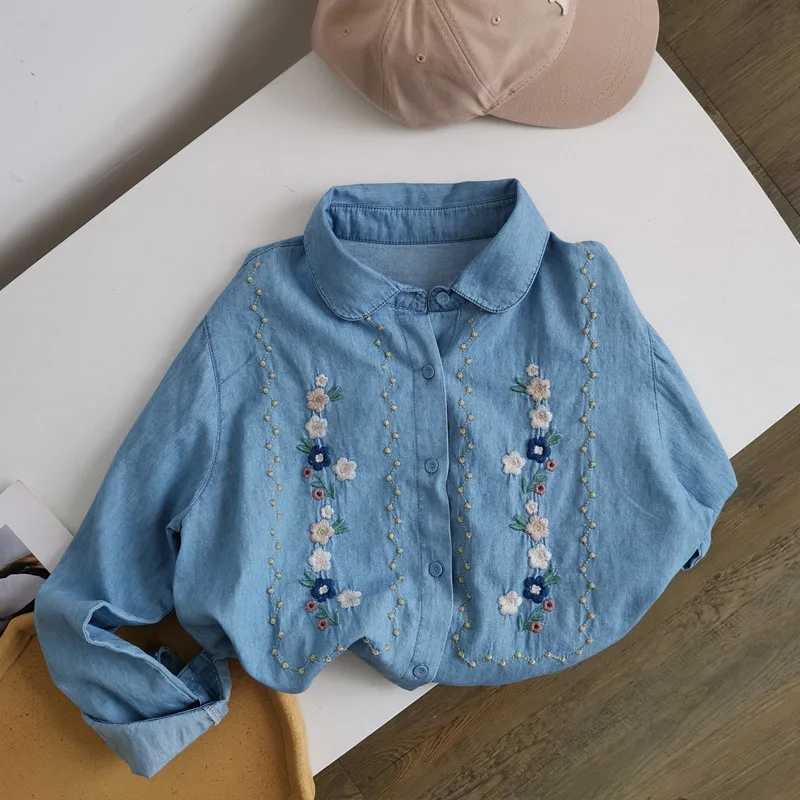 Embroidery Flower Denim Shirt Long Sleeve Button Up Loose Jeans Blouse Women Ladies Top Shirt Blusas fall autumn spring blusas