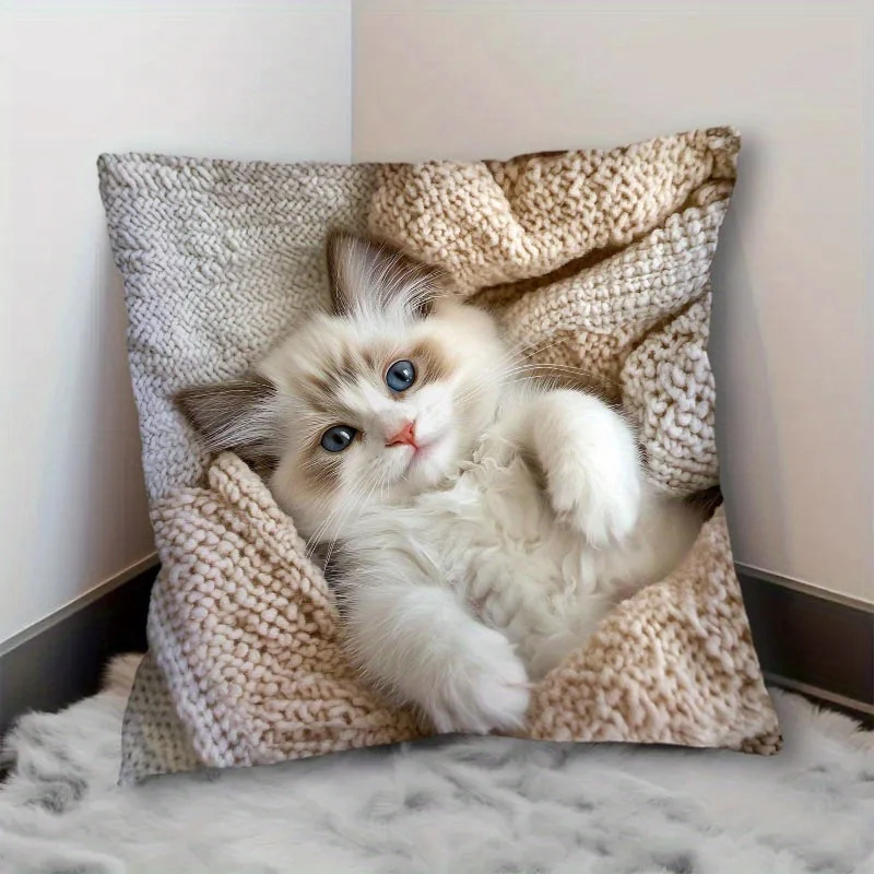 1pc Ragdoll Kitten in Blanket Printed Throw Pillow Cover, Suitable for Sofa, Bedroom, Living Room, a Healing Gift for Cat Lovers