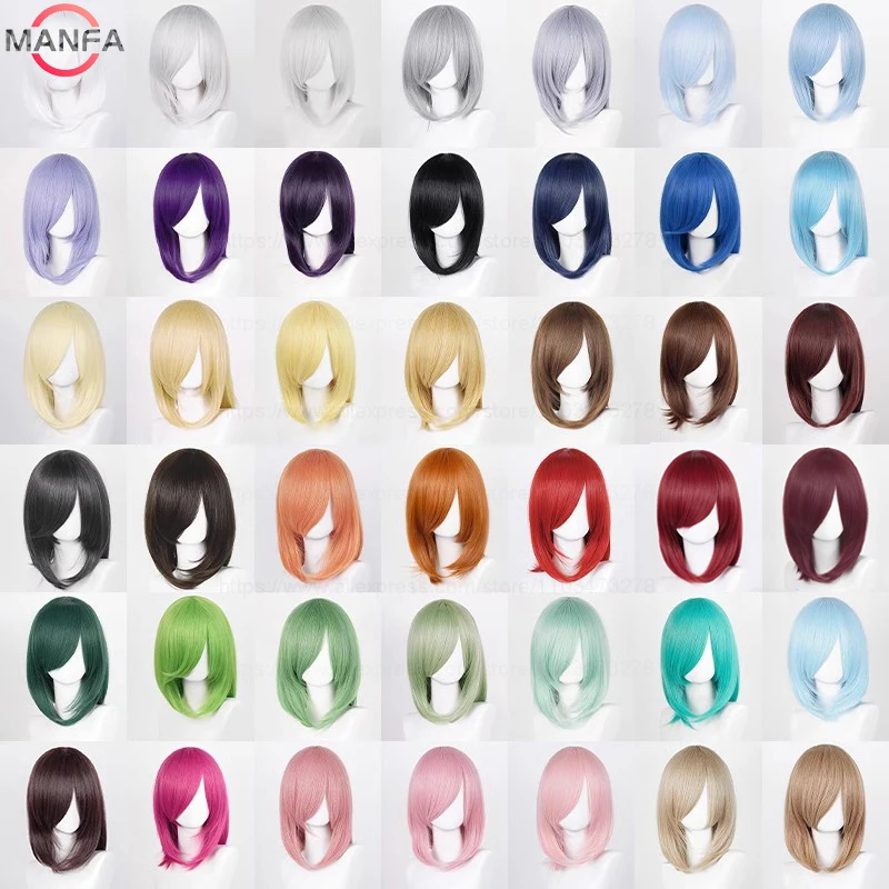 Peluca de cosplay anime básica de 40cm, flequillo, colores: rubio, negro, blanco, rojo, rosa, verde, marrón, dorado, azul, resistente al calor, sintética