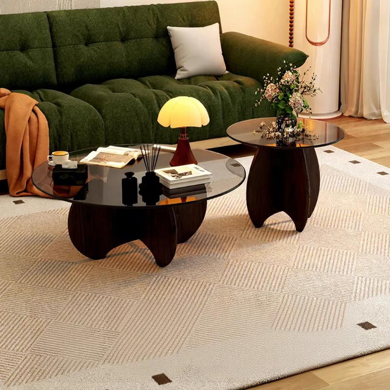 

Solid wood base glass coffee table, living room, small family apartment, round edge table, simple small round table