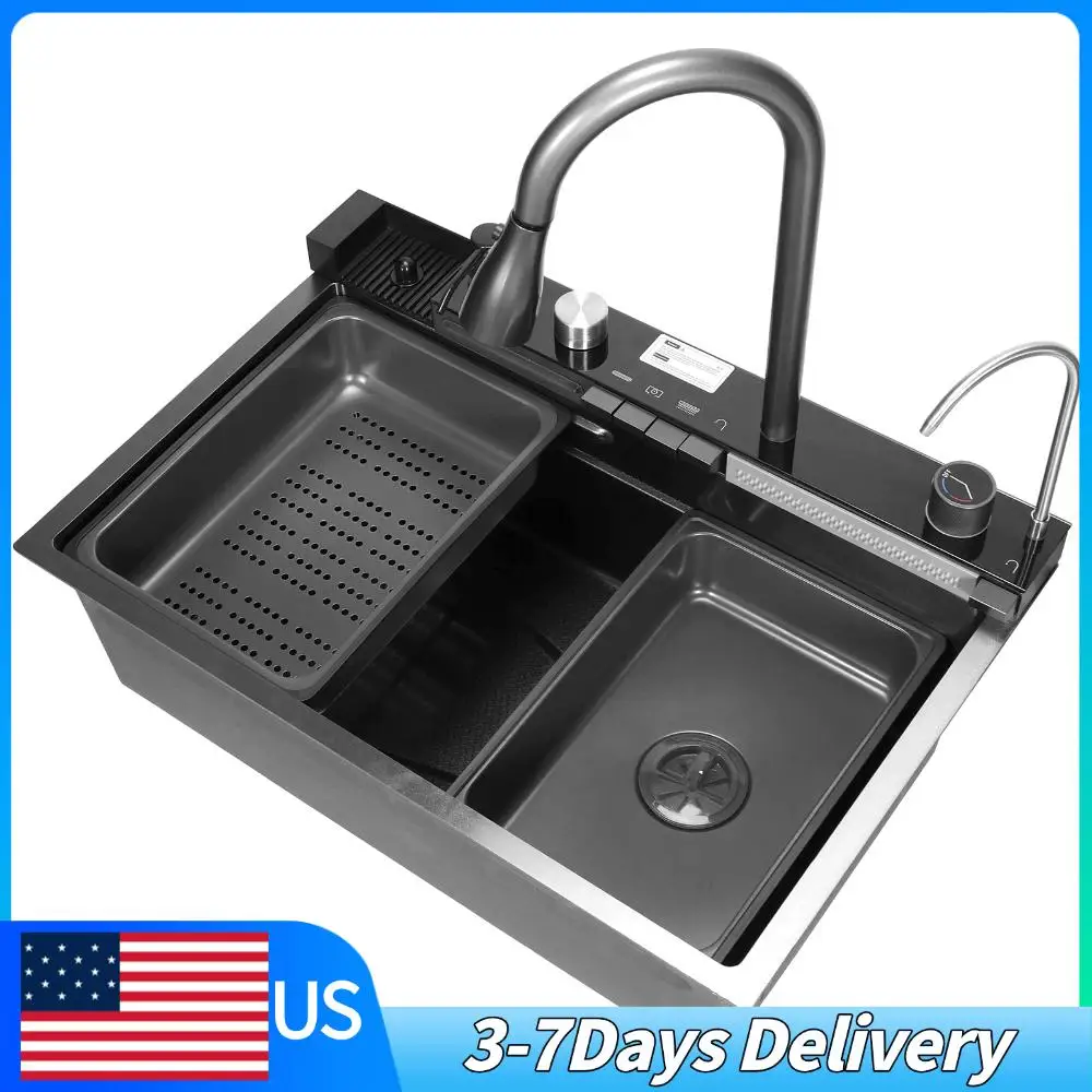 

Рифленая одинарная мойка с цифровым дисплеем, двойным водопадом и выдвижным поворотным смесителем, 5 режимов подачи воды