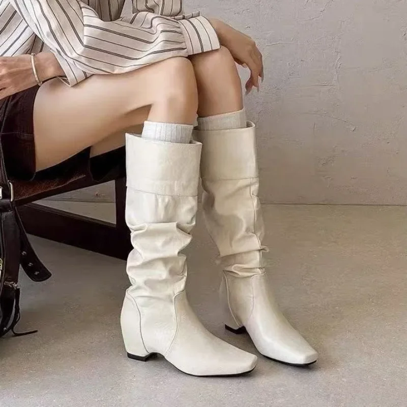 Folded Knight Boots Flat Heel Mid-Calf White Boots Fashionable Flat Bottom Boots Korean Style Youth All Season Sharp Pointed Toe