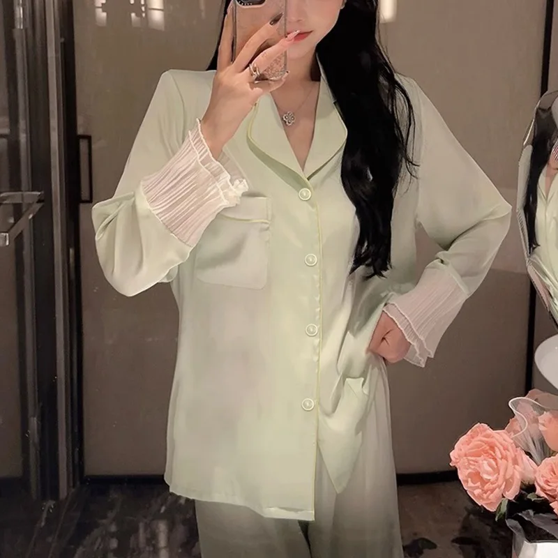 Women\'s Pajamas Sets Spring Autumn 2 Piece Green Pyjama Buttons Faux Silk Satin Sleepwear Long Sleeve Pijama Mujer Pjs Homewear