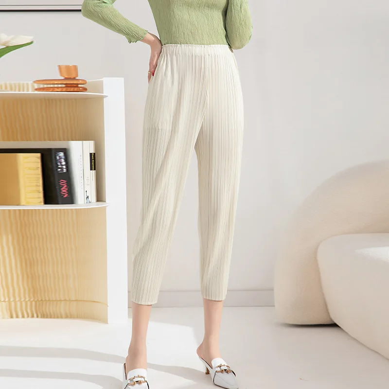 

Miyake Pleated Casual Pants for Women 2023 Spring Autumn New Loose Breathable All-Match High Waist Harem Cropped Skinny Pants