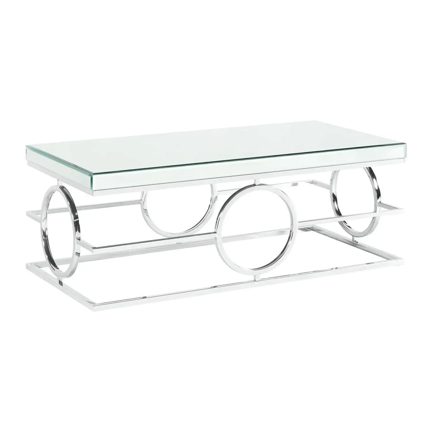 Rectangle Mirrored Coffee Table Circle Pattern Mirror Top Sides Metal Frame Chrome 27x52x7, Customized