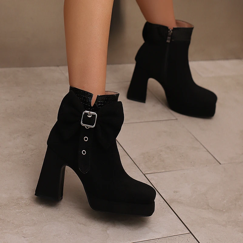Plus Size Square Toe Super Thick Heel PU Splicing Stone Pattern Microfiber Bow Sticker Zipper Short Boots Sweet Cute Ankle Boots