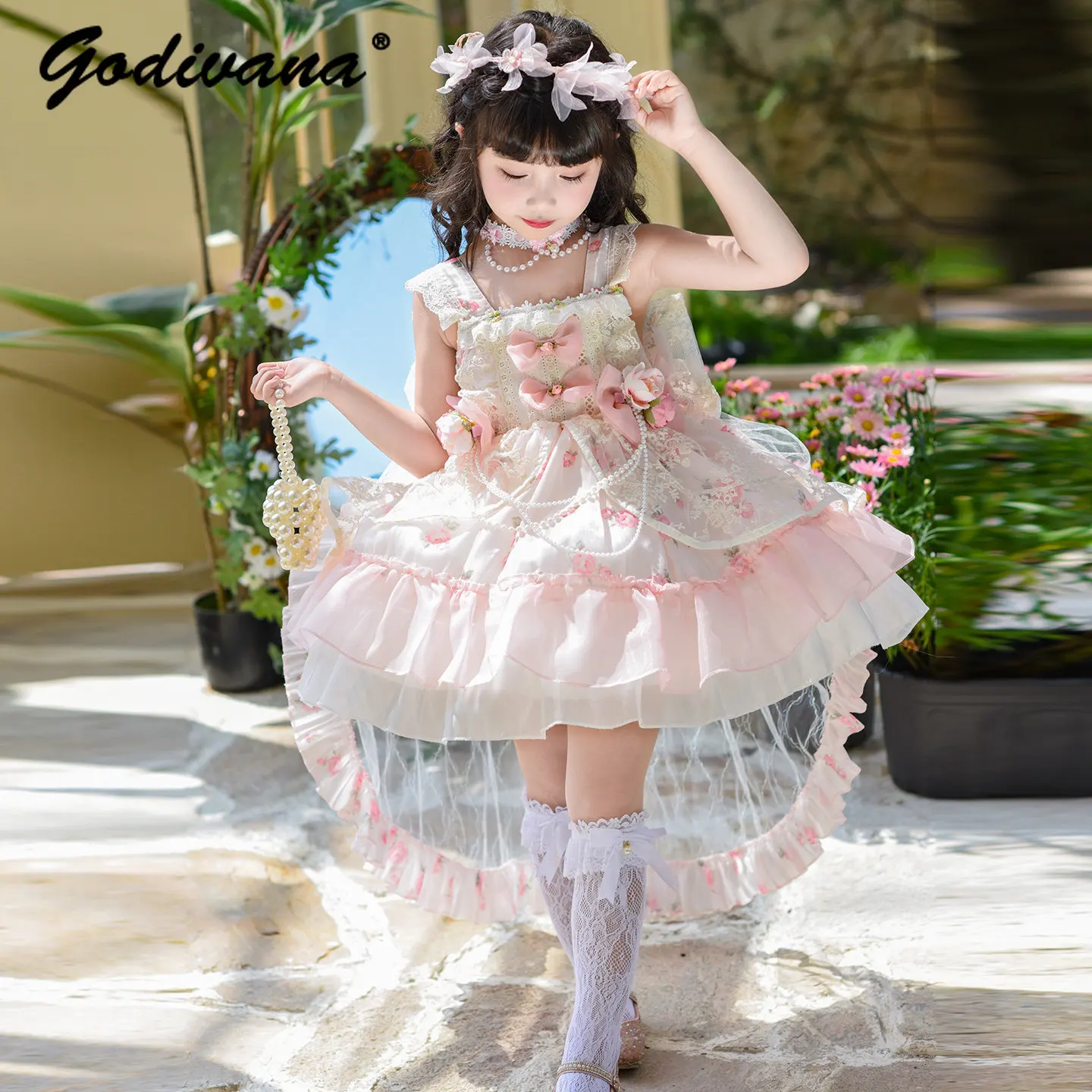 Sweet Baby Girls Elegant High End Heavy Pink Lolita Princess Dress New Summer Kids Floral Print Bow Tulle Ruffle Trim Ball Gown