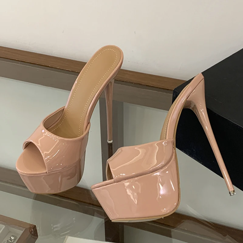 

Liyke Black Apricot Patent Leather Fashion Show Super High Heels Platform Slippers Women Stiletto Sandal Big Size 46 Ladies Shoe