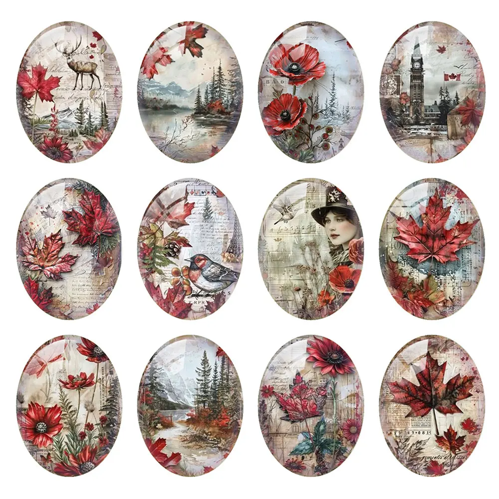 Random Mixed Round/Oval/Square Canada Maple Vintage Collage Photo Glass Cabochon Flatback Demo Cameo For Diy Jewelry Making