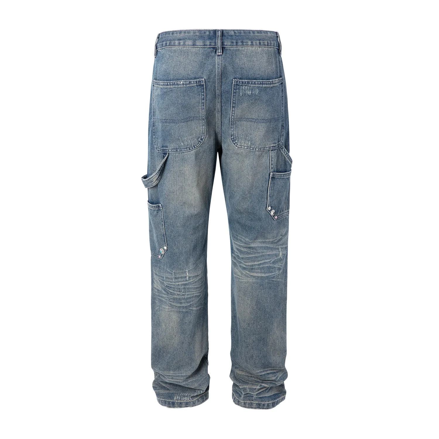 Pine Stone Willow Nail Decoration Washed Blue Logging Jeans Streetwear Baggy Straight Leg Pants Frayed Jeans Y2k Relaxed Fit