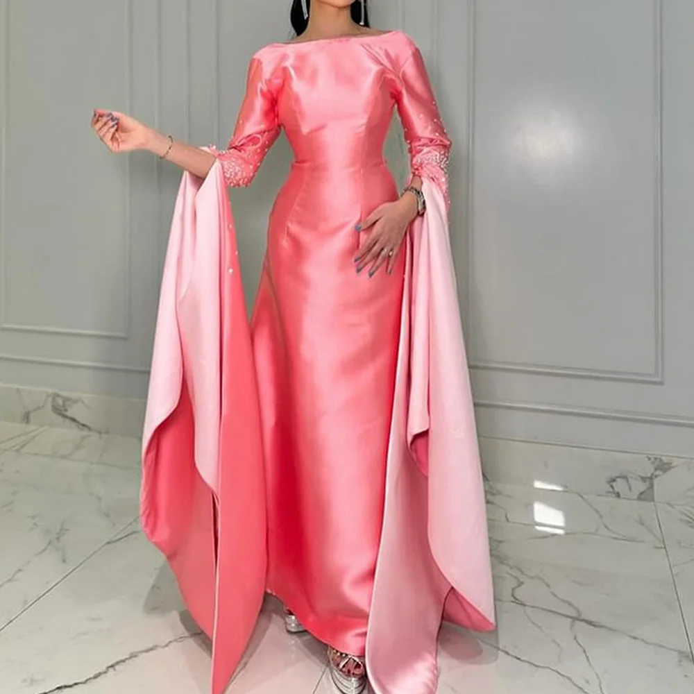 Crew neck Long Sleeves Crystal Mermaid Ankle Length Satin Zipper Back Backless Solid Color Elegant Evening Dresses Custom Size