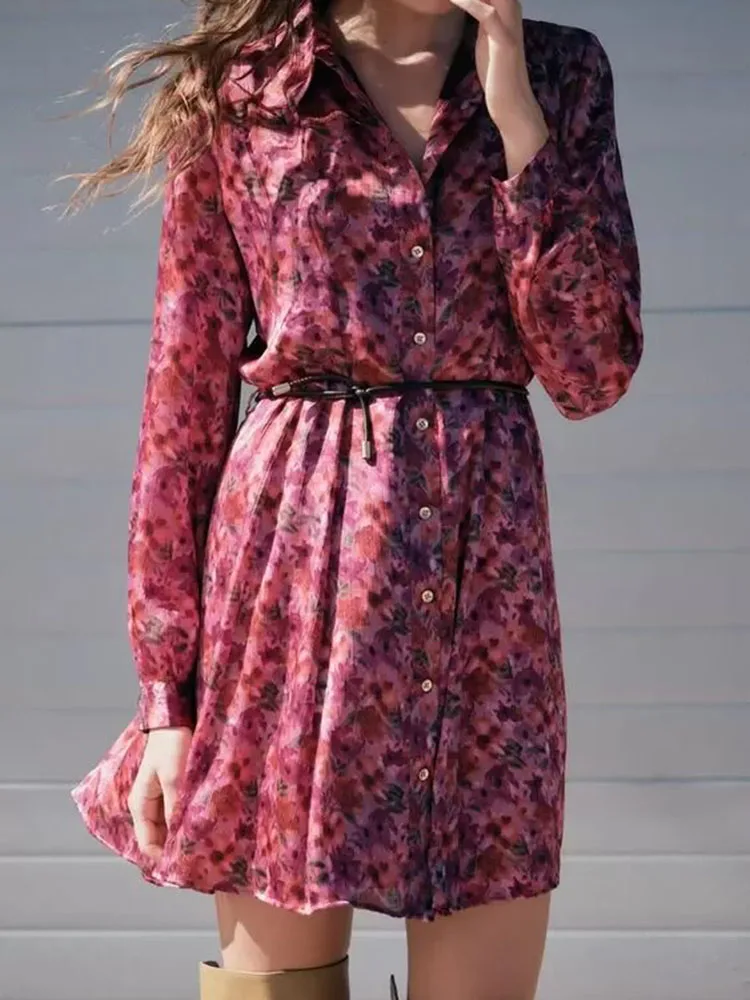 Automne nouveauté femmes longue Sve col rabattu minceur imprimé fleuri Dr Street Sle T-shirt Dr été