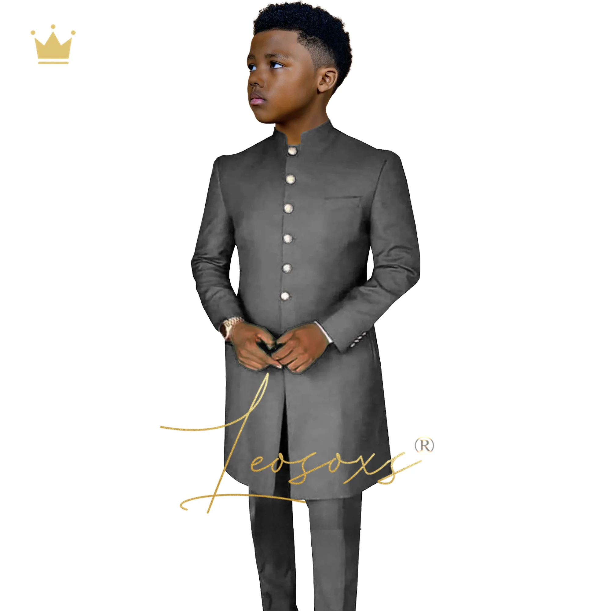 Boys African Style 2-Piece Suit Elegant Longline Jacket Single-Breasted Design for Ceremony Party Performance Hosting