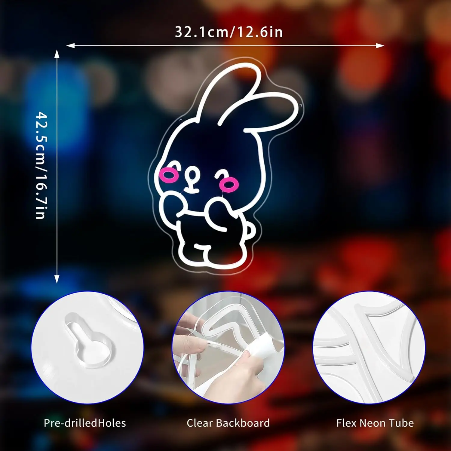 Rabbit Neon Sign for Wall Decor Neon Light Up Signs Home Decor for Bedroom Club Party Bar Shop USB Power with Dimmable Switch