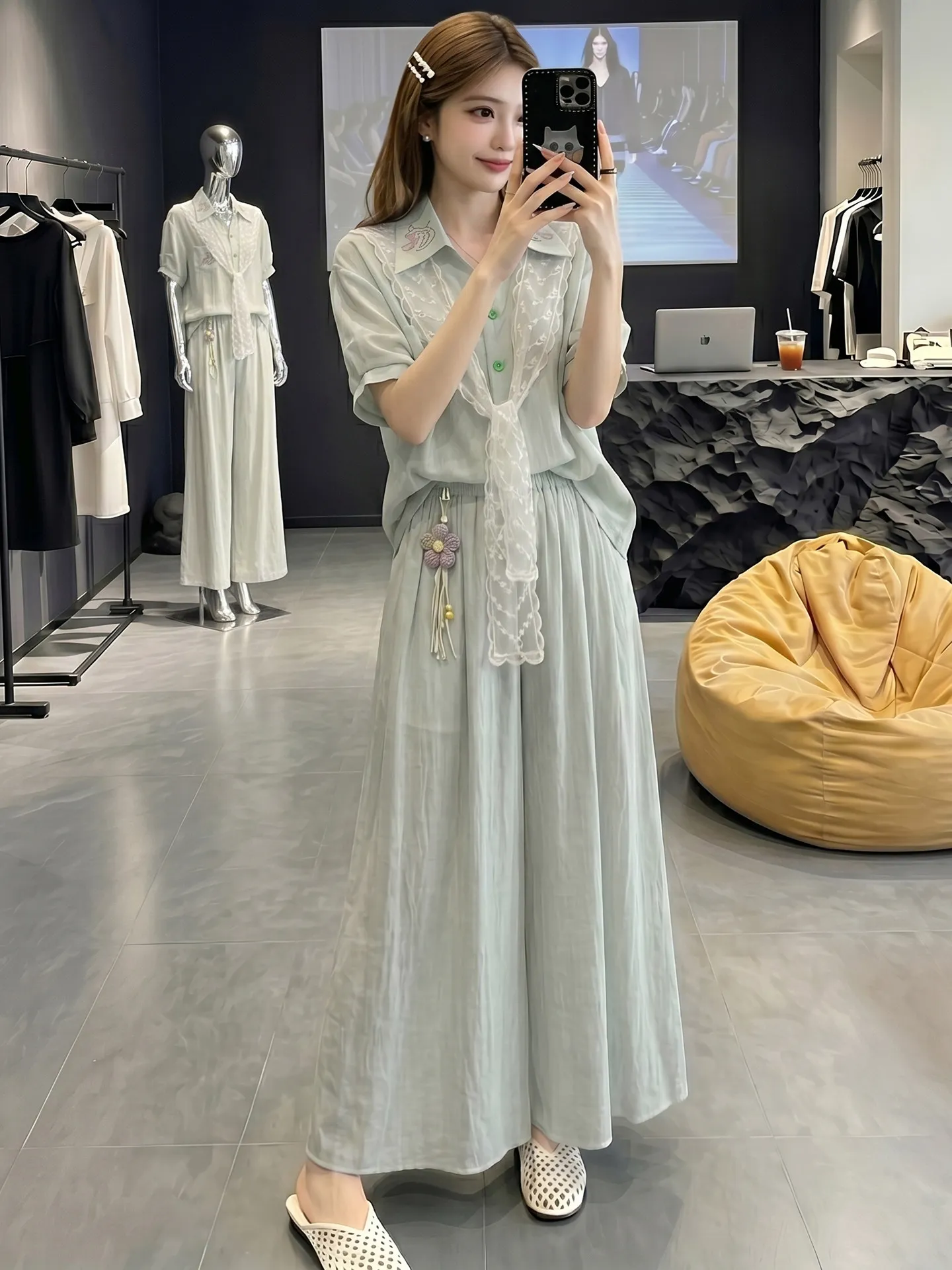 

Fashionable Korean Style Short Sleeve High Waist Wide Leg Pants Women's Set 2026 New Arrival Elegant Versatile Summer Outfit