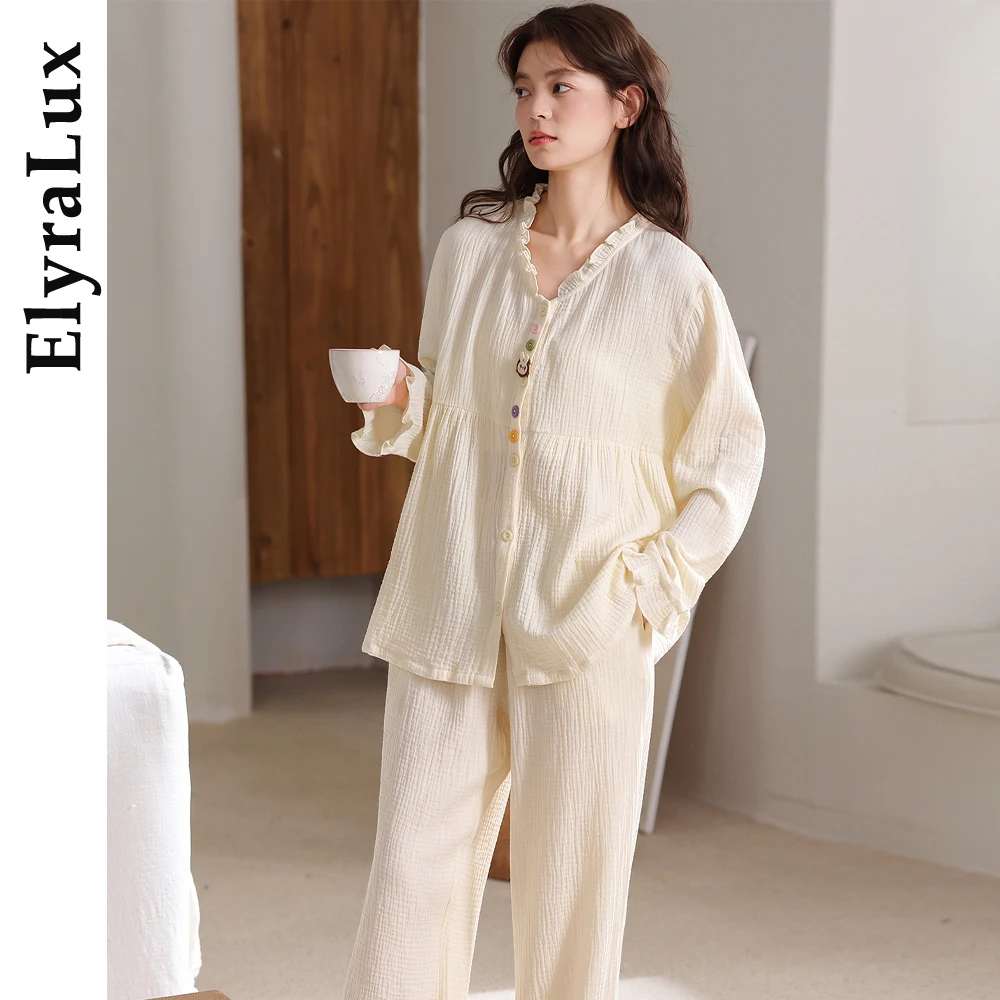 

ElyraLux женский марлевый пижамный комплект с длинными рукавами и рюшами на пуговицах, домашняя одежда, милая домашняя одежда для сна на зиму и осень