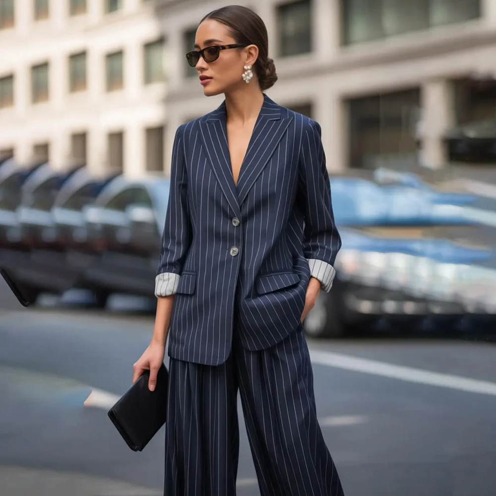 

Bespoke Stripe Women's Suits Luxury Navy Blue Single Breasted Peak Lapel Blazer Loose Fit 2 Piece Jakcet Pants Outerwear