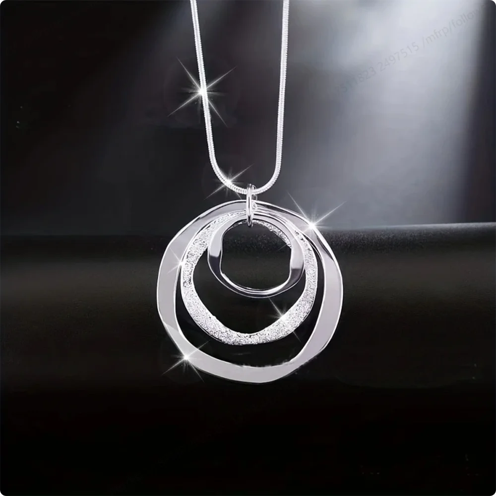 925 Sterling Silver 40-75cm Three-Ring Pendant Frosted Pendant Necklace for Women, Jewelry Accessories, Wedding Party