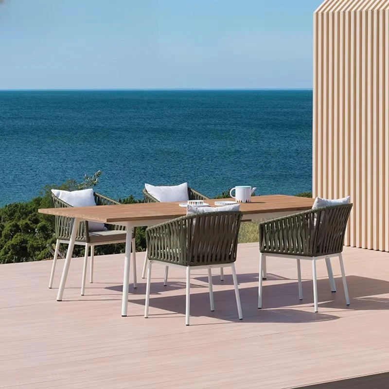#Patio Villa Outdoor Table Hotel Resorts Leisure Waterproof Aluminum Long Table Patio Garden Rope Weaving Tables And Chairs