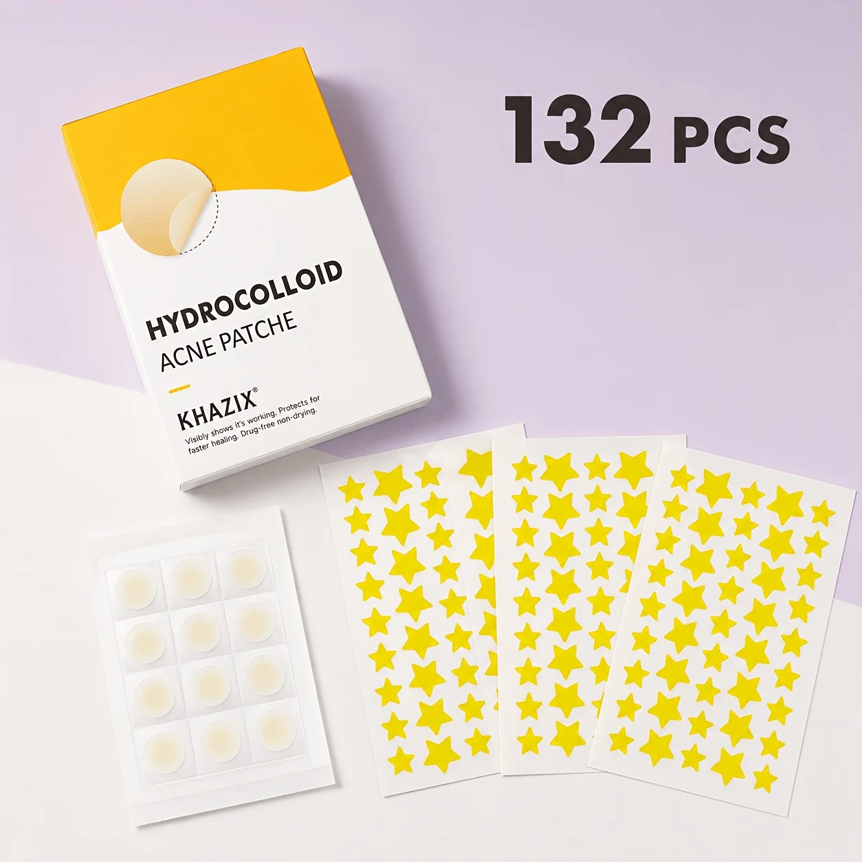 132PCS Yellow star hydrocolloid pimple patch,invisible blemish covering patches,applicable to all skin types,usable day and nigh