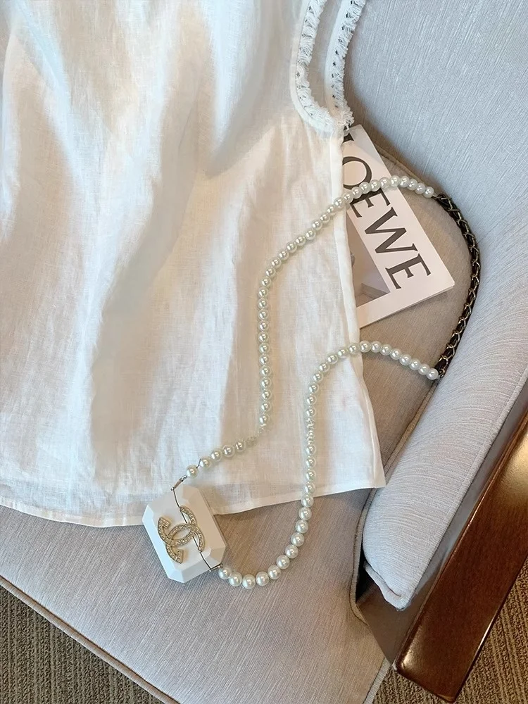 

N Sle ell Bead Embellied Svel Льняной жилет Женский летний топ Аутлет Брендовый свободный крой для поездок на работу Обычная длина