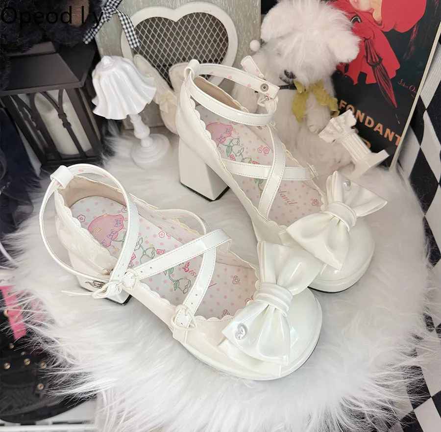Lolita Original Design Mary Jane Thick Heel Single Shoes Sweet Girl Cross Strap Cute Bow Japanese Doll Feeling  Lo Shoes