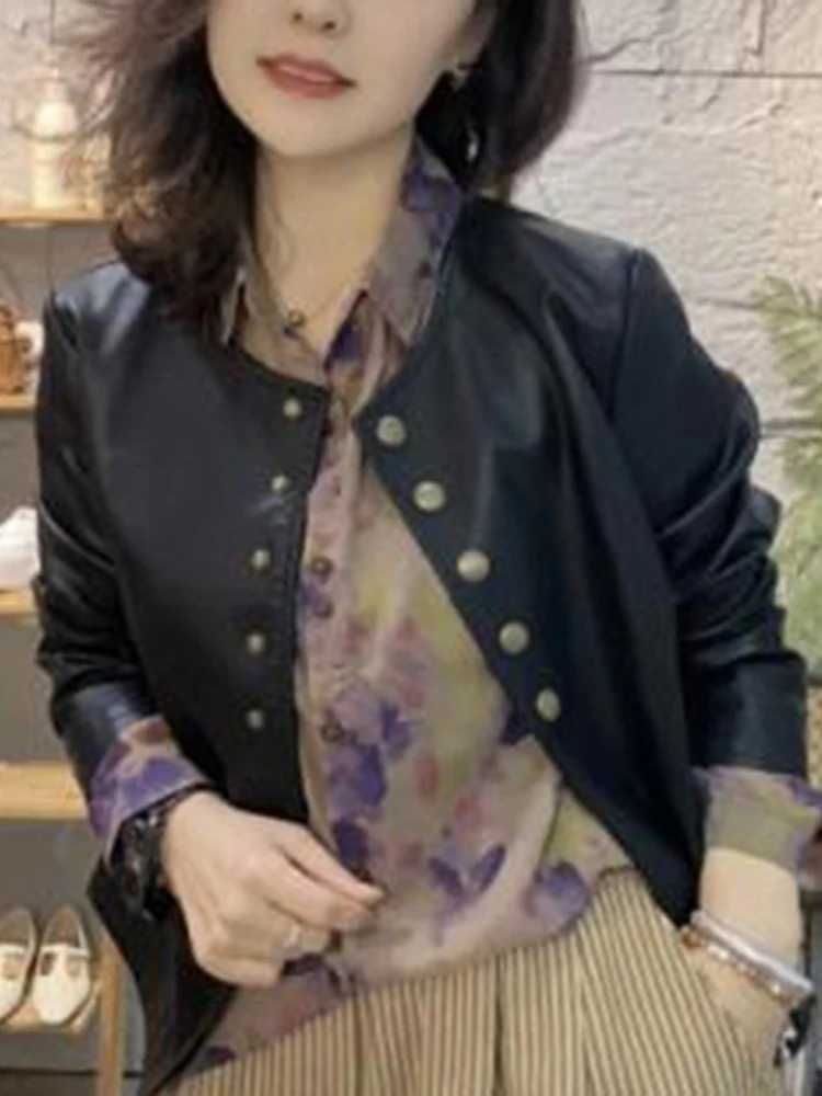 جاكيت نسائي أنيق من الجلد الصناعي بلون دائري، تصميم عصري جديد للربيع، إحساس راقي يقلل من مظهر العمر