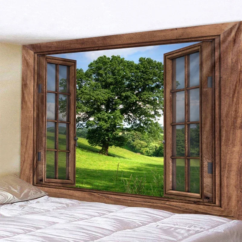 Three-Dimensional Window Nature Scenery Wall Hanging Tapestry Art Decoration Hanging Curtain for Bedroom Living Room Decoration