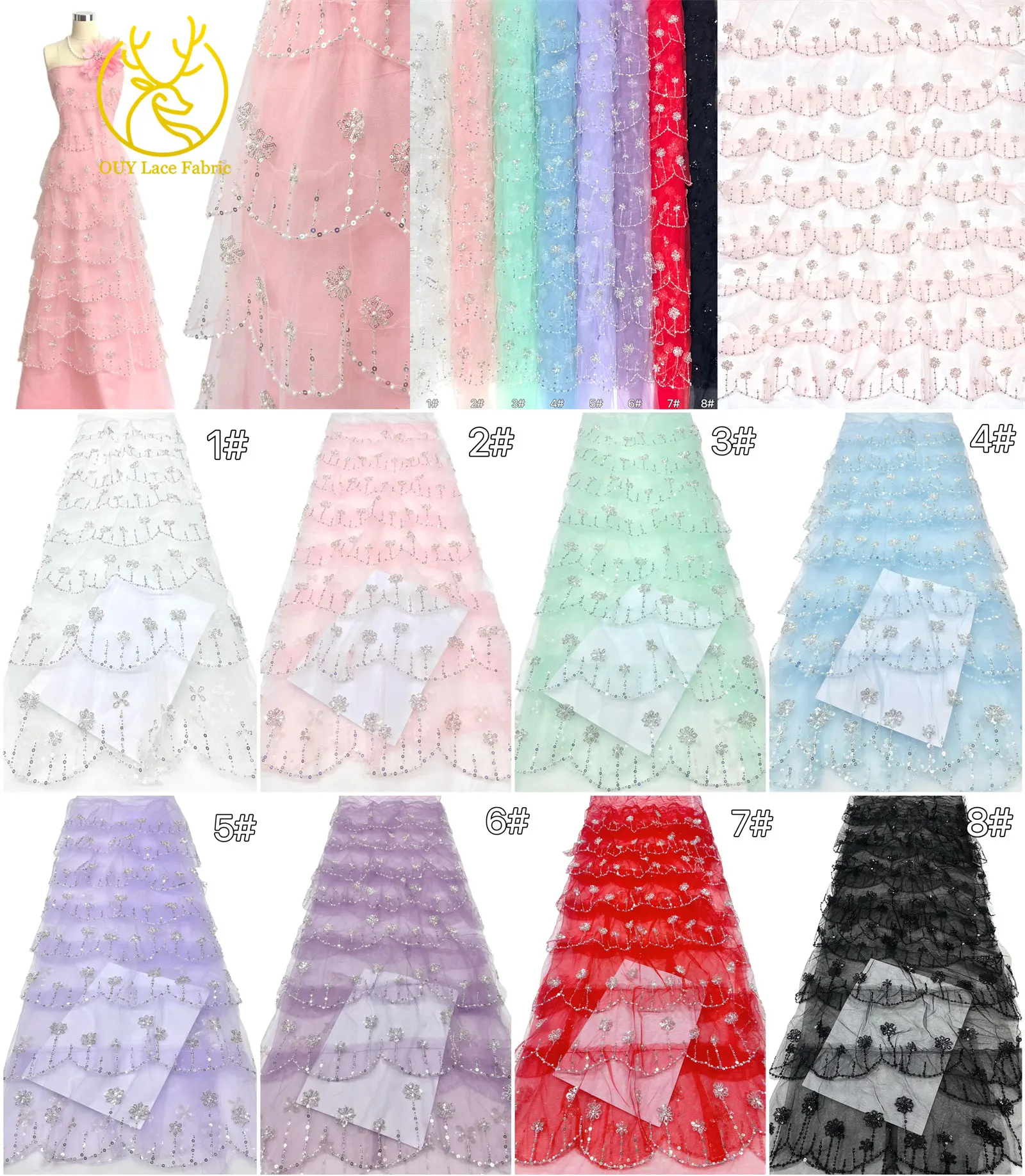 Roter Modischer 3D Tüll Perlen-Pailletten-Spitzenstoff 5 Yards Afrikanischer Spitzenstoff Nigerianischer Tüll-Netzstoff Braut-Hochzeitsstoff – Detail 4