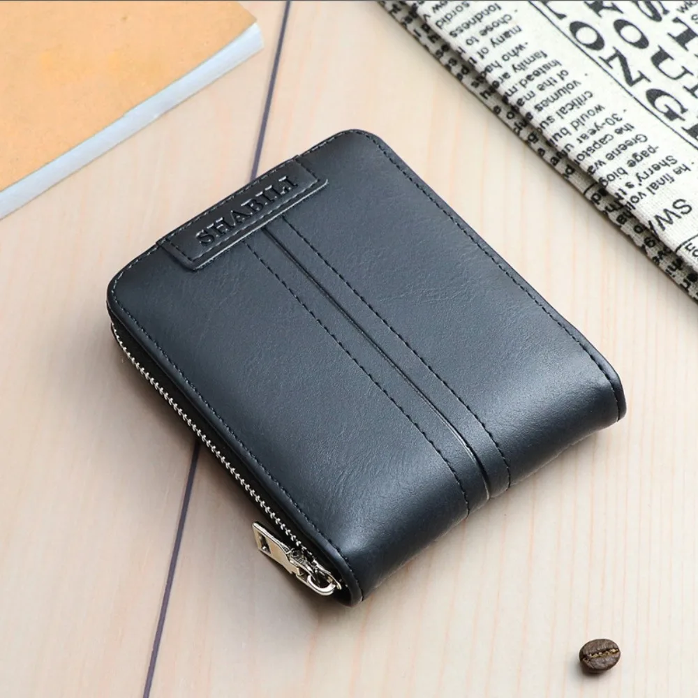 

Fashion Zipper Men's Short Wallet PU Leather Large Capacity Business Card Holder Bifold Multi Slot Coin Purse