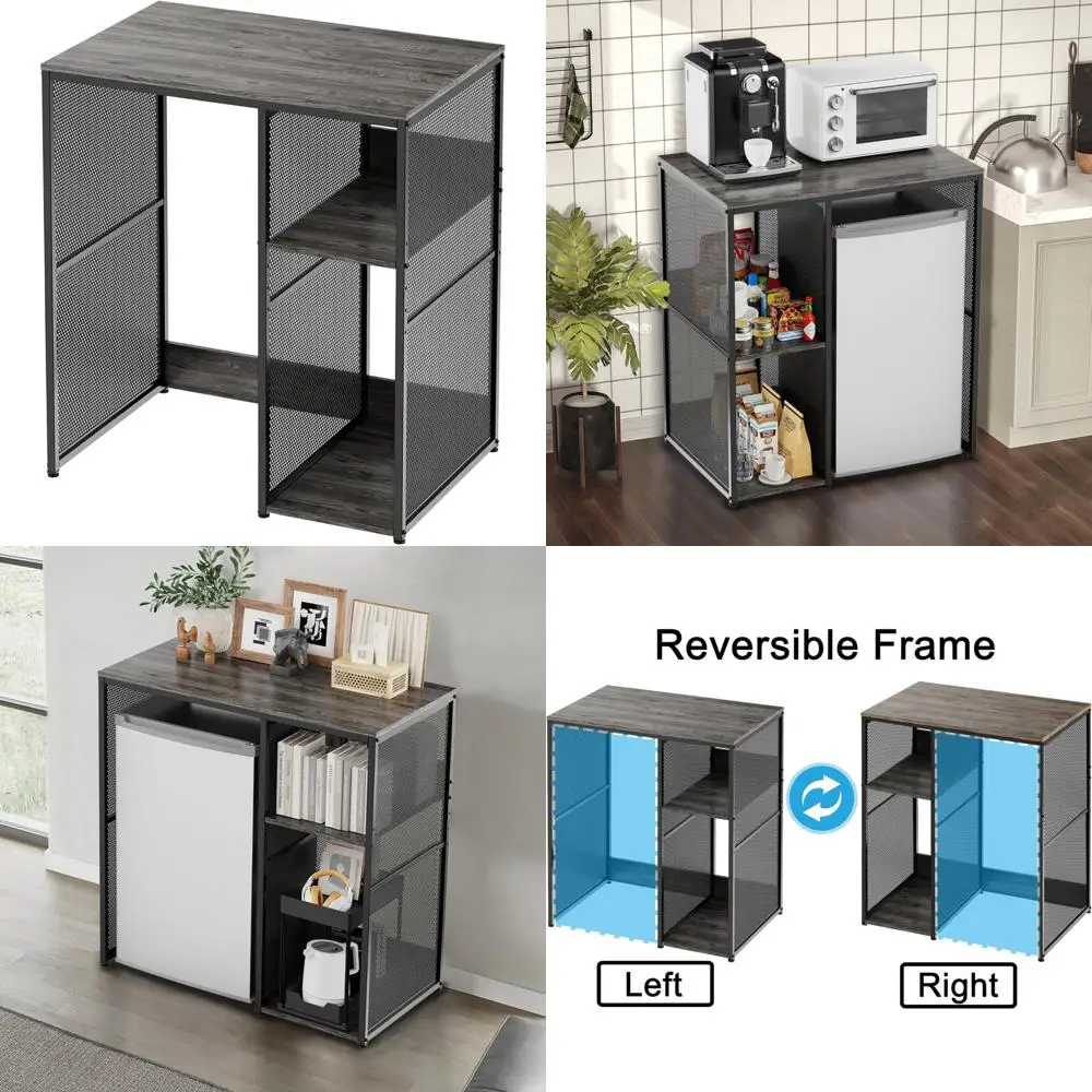 خزانة بار القهوة من 3 طبقات مع مساحة ثلاجة صغيرة، رف خباز بحامل ميكروويف رمادي ريفي شديد التحمل، منظم تخزين المرافق S #1