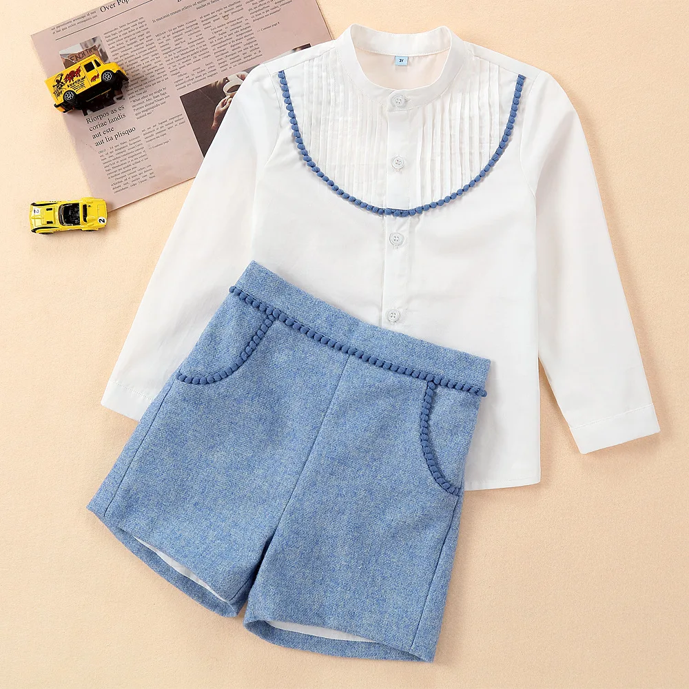 2024 eleganti vestiti di compleanno per neonati Set bambini camicetta bianca in stile britannico + pantaloni blu neonati Top e Bottom Kids Outfit